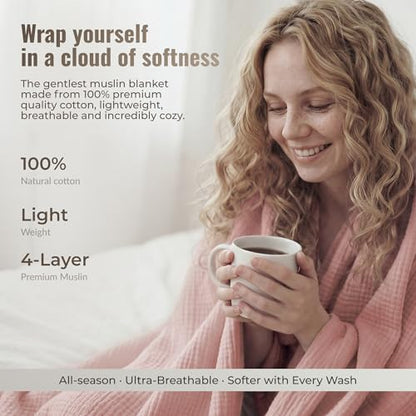 4-Layer Muslin Cotton Queen Bed Blanket (90 x 90 inches) – Ultra Soft Breathable Gauze, Lightweight All-Season Cozy Blanket, Machine Washable – Pink - color: Pink, size: Queen (90 x 90 inches)
