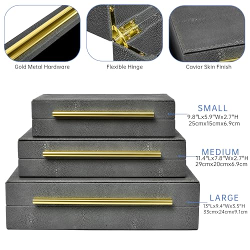 Faux Shagreen Decorative Storage Boxes – Set of 3 Stackable Jewelry Organizers with Gold Metal Handles & Velvet Lining, Modern Grey Box for Vanity, Entryway & Coffee Table Décor