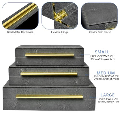 Faux Shagreen Decorative Storage Boxes – Set of 3 Stackable Jewelry Organizers with Gold Metal Handles & Velvet Lining, Modern Grey Box for Vanity, Entryway & Coffee Table Décor