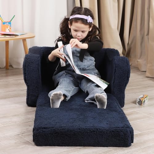 MOMCAYWEX Kids Sofa, 2-in-1 Flip-Out Foam Couch with Soft Sherpa Cover, Cozy Play Lounge Chair, Dark Blue - color: Dark Blue, size: Medium