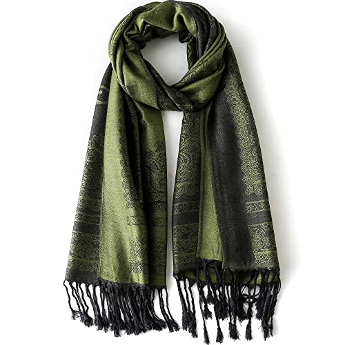 Ciormis Two Tone Silky Paisley Pashmina Shawl Scarf,Soft Women's Rave Jacquard Pashminas Wrap Scarves - color: B#. Green Paisley