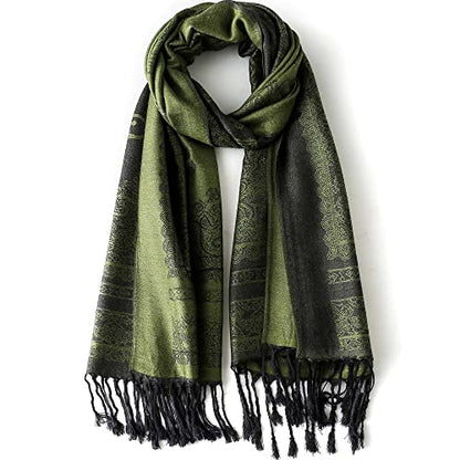 Ciormis Two Tone Silky Paisley Pashmina Shawl Scarf,Soft Women's Rave Jacquard Pashminas Wrap Scarves - color: B#. Green Paisley