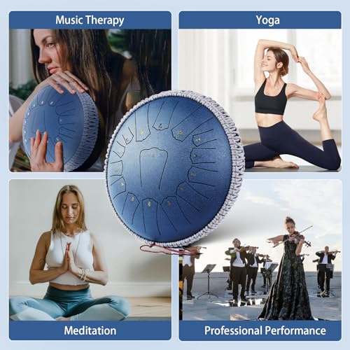 Steel Tongue Drum 13 INCH 15 NOTES, Rain Drum for Outside Garden, Rain Chime Chakra Drum, Hand Pan Musical Instrument Gift with Bag for Adult, Mallets for Meditation Yoga (Navy, D key) - color: Navy