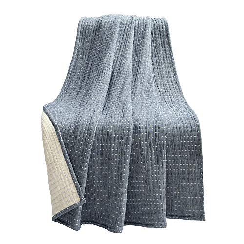 Lush Decor Solid Kantha Pick Stitch Cotton Throw Blanket 50" W x 60" L Navy & Off White - Blue Throw Blanket for Bed - Textured Soft Couch Blankets