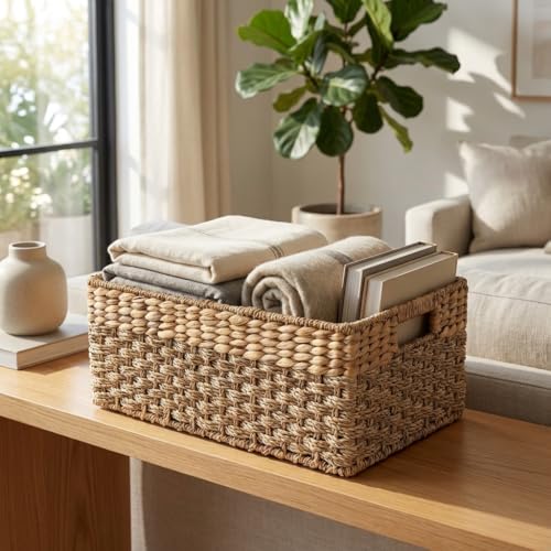Medium Wicker Storage Baskets with Handles, Natural Seagrass and Hyacinth Woven Storage Basket for Organizing Shelves, Bedroom, Pantry, Rectangular, 15.5 x 9.5 x 6.5 Inches - size: Medium - 15.5" x 9.5" x 6.5" in.