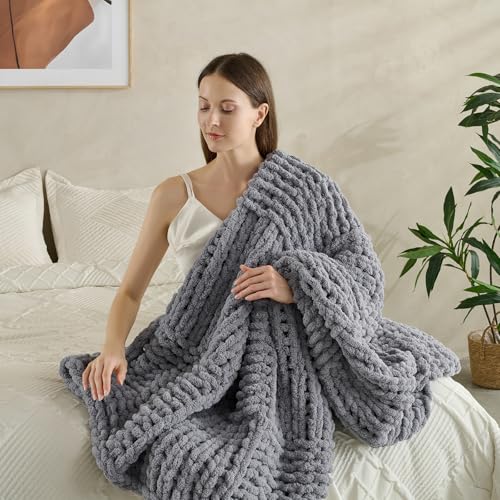 Chunky Knit Blanket Throw 50x60 Inches,Handmade Cable Knit Crochet Blanket,Cozy Lightweight All Season,Wrinkle-Resistant Polyester for Couch Bed Sofa Reading Nook,Grey - color: Grey