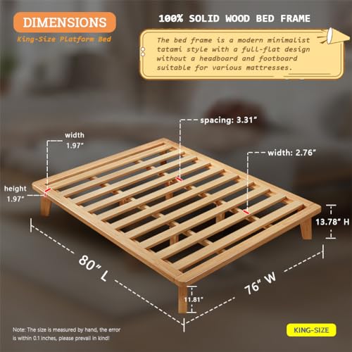 NELYE King Platform Bed Base - 14 Inch Solid Wood Mattress Foundation with Support Slats and Legs, King-Size Rubberwood Simple Bed Frame - size: King
