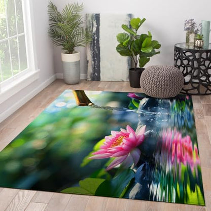 Spa Meditation Area Rug for Office Kitchen Dorm Decorative Pink Lotus Stream Water Ripples Pattern Carpet Soft Low Pile Rugs 5'3" x 7'6" - size: 5'3" x 7'6"