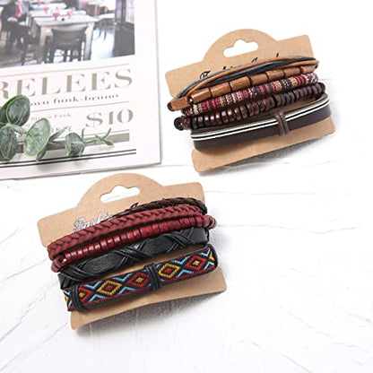 HZMAN Wrap Bracelets Men Women, Hemp Cords Wood Beads Ethnic Tribal Bracelets, Leather Wristbands - style: 2Pcs Leather Bracelets