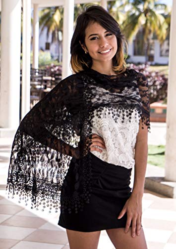 Cindy and Wendy Lightweight Soft Leaf Lace Fringes Scarf Bridal Veils shawl for Women - color: Black-1