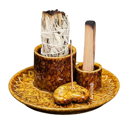 Multi-Use Meditation Tray, Ash Catcher Ceramic Incense Burner Holder for Palo Santo, Sage Sticks & Candles, Easy-Clean Design for Meditation Rooms, Yoga Studios & Home Altars (Yellow_01) - color: Yellow_01