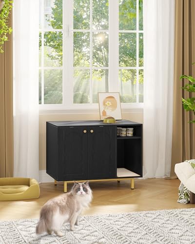 Hzuaneri Cat Litter Box Enclosure,Hidden Litter Box Furniture with Storage, Large Wooden Cabinet with Sisal Mat, Modern Cat Washroom for Living Room, Bedroom, Entryway, Black and Gold CB01504G - color: Black and Gold