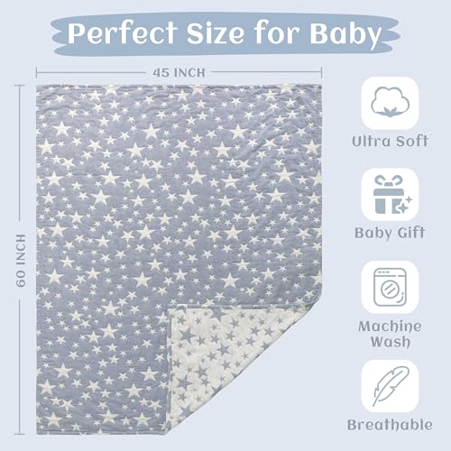 NTBAY 3 Layer Oversized Muslin Cotton Toddler Blanket, 45x60 Inches Jacquard Reversible Nursery Bed Blanket, Super Soft and Thermal Crib Blanket for All Seasons, Baby Gift, 45"x60", Blue/White Star - color: Blue, size: 45x60 Inch (Pack of 1)
