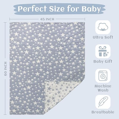 NTBAY 3 Layer Oversized Muslin Cotton Toddler Blanket, 45x60 Inches Jacquard Reversible Nursery Bed Blanket, Super Soft and Thermal Crib Blanket for All Seasons, Baby Gift, 45"x60", Blue/White Star - color: Blue, size: 45x60 Inch (Pack of 1)
