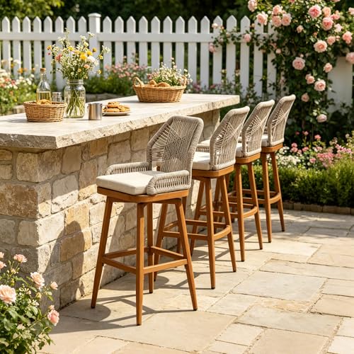 PURPLE LEAF Outdoor Swivel Bar Height Stools Set of 2 Patio 360° Rotating All-Weather Wicker High Top Stools with Back and Cushion for Outside Backyard Kitchen Bistro Garden, Deep Teak - color: Classic/Deep Teak, size: 2pc-27.6"h-swivel