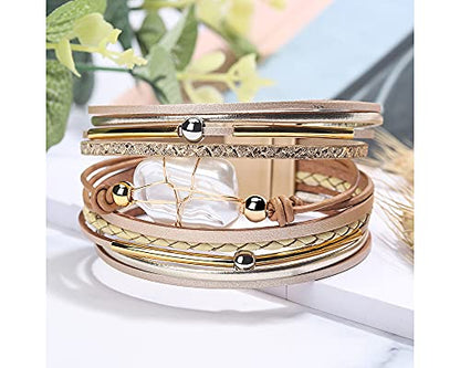 Fesciory Leopard Bracelet for Women, Boho Leather Wrap Multi-Layer Pearl Crystal Bracelet Bangle Jewelry - style: Gold Leather(Pearl)