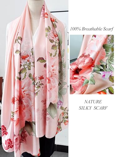 Large Shawl Scarf For Women Lightweight Wraps Silky Headscarf Long Sunscreen Scarfs - color: T17 Pink Peony / 70"x 35"