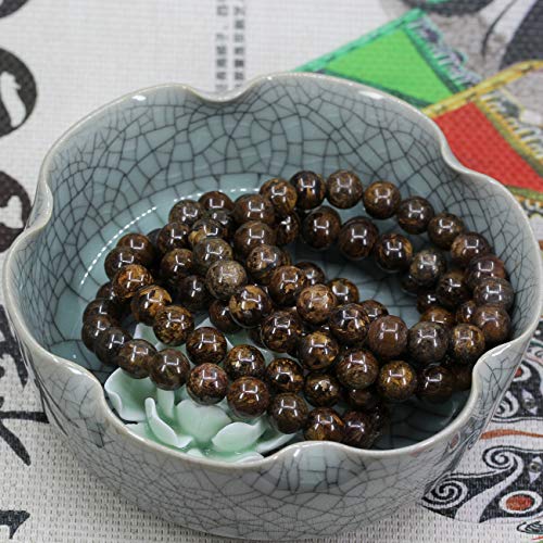 Amandastone Natural Gemstone 10mm Round Beads Stretch Bracelet 7 Inch - color: Bronzite