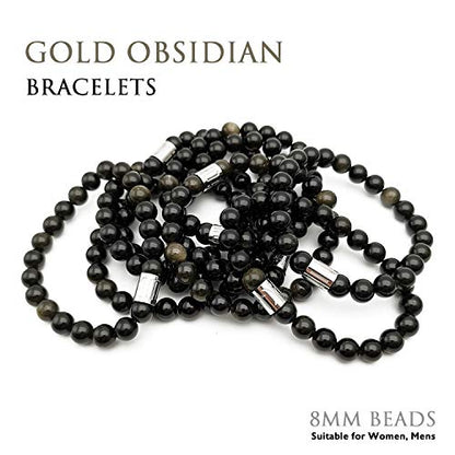 Morchic 8mm Genuine Gemstone Stretch Bracelet for Women Men Unisex, Natural Energy Crystal Stone Beads, Classic Simple Design Cuff Birthday Gift 7.5 Inch - color: Golden Obsidian