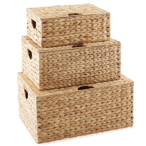 Casafield Set of 3 Water Hyacinth Rectangular Storage Baskets with Lids (Natural - Small/Medium/Large) for Bedroom, Bathroom, Laundry, Home Office