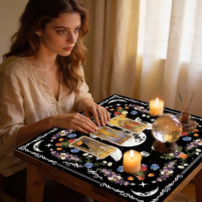 Tarot Altar Cloth Black Tablecloth Flowers and Lunar Phases Print Card Table Tablecloth with Velvet Tarot Card Bag for Reading Rituals Crystals Spiritual Divination Witchcraft Supplies - color: Flowers and Lunar