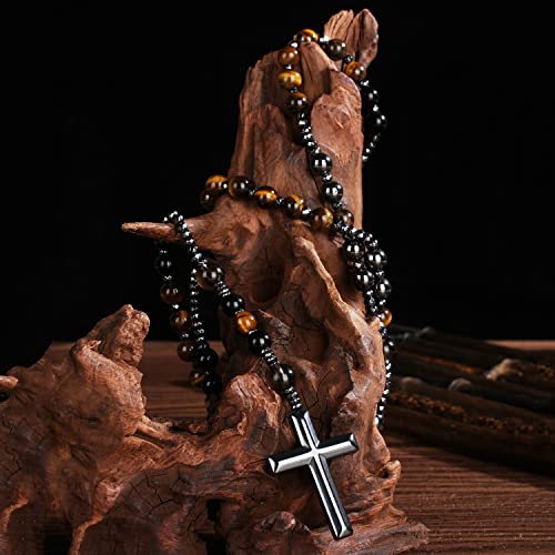 LIYAPEI Triple Protection Necklace with Tiger Eye, Obsidian, and Hematite - Stylish Men's Cross Necklace and Women's Y-Shaped Sweater Chain An Anxiety Relief Beaded Necklace. - color: Tiger Eye Red