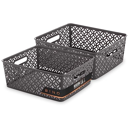 BINO l Plastic Storage Baskets, Large - Grey l THE BLOSSOM COLLECTION l Multi-Use Organizer Bin l Built-in Handles l Plastic Woven Basket for Organizing l Pantry & Home Organizing Basket - color: Grey, size: 2PK Large