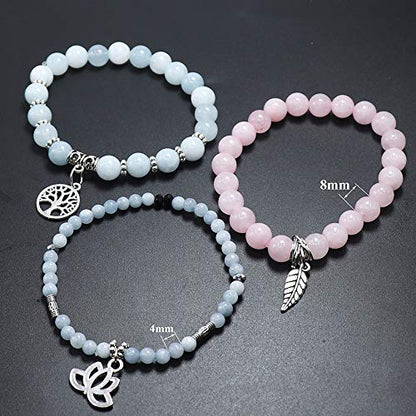 Tree of Life Yoga Healing Stone Bracelets,Multilayer Lotus Chakra Stone Reiki Bracelet Sets,Anxiety Crystal Natural Stone,for Women Stress Relief - style: Aquamarine + pink crystal