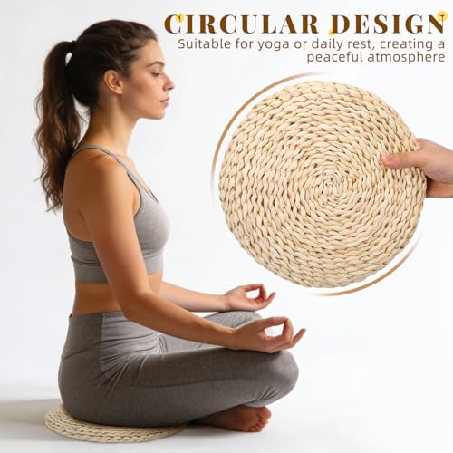 Straw Weave Meditation Cushion 30x6cm Handmade Tatami Yoga Seat Mat with Space Cotton Filling, Hand-Woven Worship Cushion for Indoor Meditation and Yoga