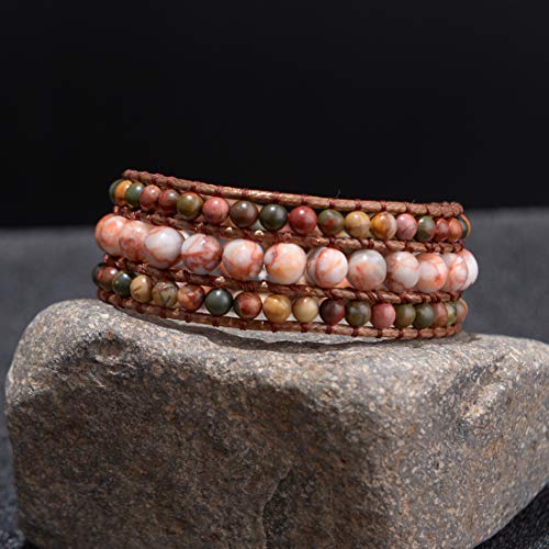 YGLINE Boho Handmade Natural Stone Bead 3 Row Wide Wrap Wrist Statment Bracelet Jewelry Collection - color: jasper