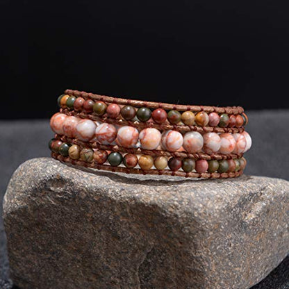 YGLINE Boho Handmade Natural Stone Bead 3 Row Wide Wrap Wrist Statment Bracelet Jewelry Collection - color: jasper