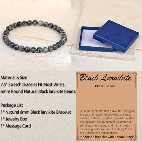LPBeads Handmade Natural Gemstone Stretch Elastic Bracelet Healing Crystal Round Stone Beads Jewelry Gifts for Women Men - color: Black Larvikite, size: 6mm