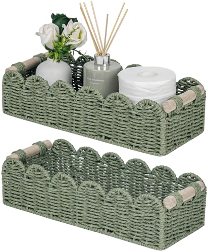 CubesLand Bathroom Basket Organizer, Toilet Tank Paper Storage Baskets 2-Pack, Scalloped Decorative Basket for Countertop w/Handle, Wicker Basket for Bathroom Decor, Home Decor, Living Room, Green - color: Green