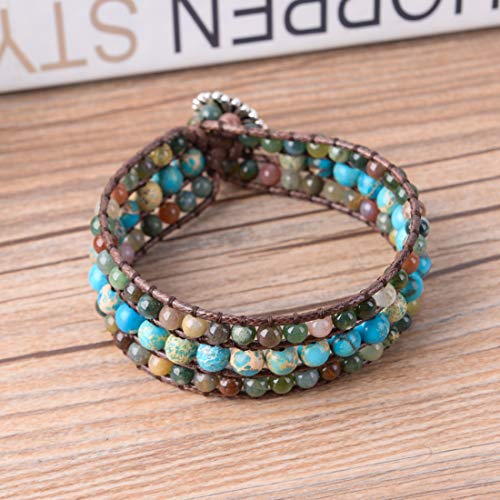 YGLINE Boho Handmade Natural Stone Bead 3 Row Wide Wrap Wrist Statment Bracelet Jewelry Collection - color: agate＆ turquoise