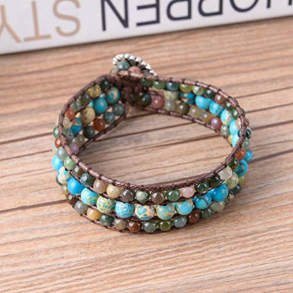 YGLINE Boho Handmade Natural Stone Bead 3 Row Wide Wrap Wrist Statment Bracelet Jewelry Collection - color: agate＆ turquoise
