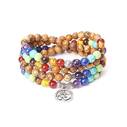 108 Mala Beads Necklace 7 Chakra Tree of Life Pendant Prayer Buddha Bracelets Healing Stone Yoga Men Women Jewelry - color: Stones Tibetan Jasper