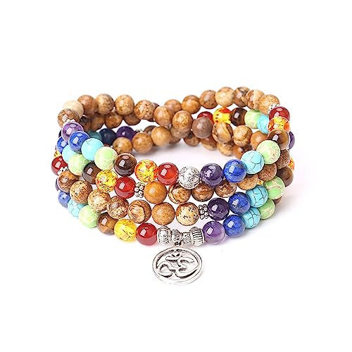 108 Mala Beads Necklace 7 Chakra Tree of Life Pendant Prayer Buddha Bracelets Healing Stone Yoga Men Women Jewelry - color: Stones Tibetan Jasper