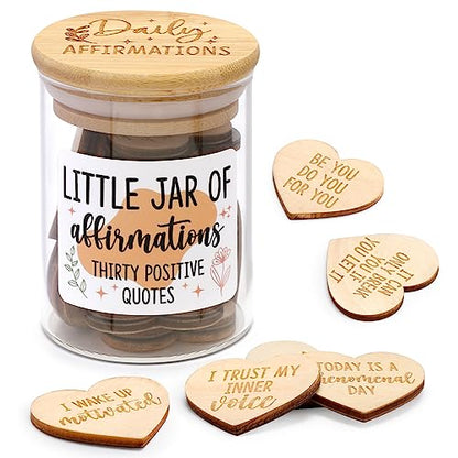 Daily Affirmation Cards for Women Jar Wooden Hearts Pins with Inspiring and Motivational Fridge Magnets Positive Quotes Self Care B-Day Mental Health Reminders Gift Idea for Friends Coworkers
