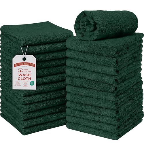 RIVERSIDE Pack of 24 Wash Cloths for Showering, 12 x 12 Inches, Super Soft & Absorbent, 100% Cotton Washcloths Premium Quality Flannel Face Cloths for Bathroom, Gym, Spa (Hunter Green, 24 Pack) - color: Hunter Green