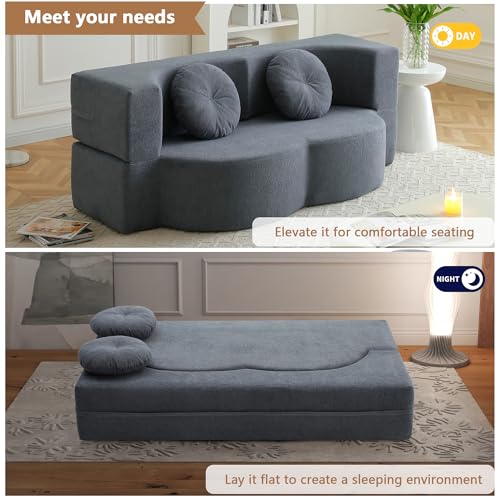 2-in-1 Folding Sofa Bed with Pillow, No Assembly Futon Twin Size Sofa Bed, Breathable Linen-Cotton Convertible Couch Bed for Living Room and Guest Room, 75.5 Inch,Grey - color: Grey-75.55", size: 2 seat