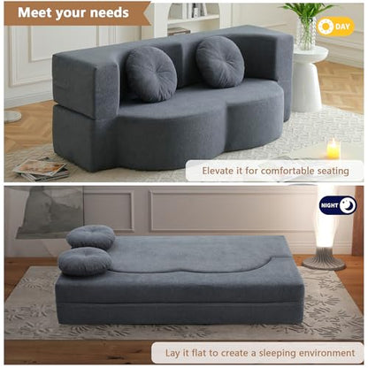 2-in-1 Folding Sofa Bed with Pillow, No Assembly Futon Twin Size Sofa Bed, Breathable Linen-Cotton Convertible Couch Bed for Living Room and Guest Room, 75.5 Inch,Grey - color: Grey-75.55", size: 2 seat
