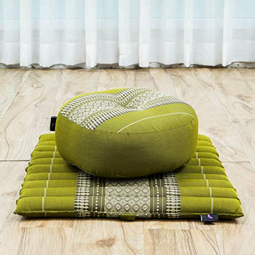Leewadee Meditation Cushion Set – 1 Small Zafu Yoga Pillow and 1 Small Roll-Up Zabuton Mat Filled with Kapok - color: Sf17 - Green