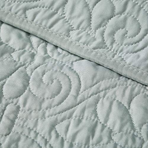 Madison Park Throw Blanket - Reversible Damask Quilting Design, Soft Pre-washed Microfiber, Cotton Filled Spread, Cozy Summer Blanket - Throw for Living Room Couch, Sofa, Bed, Quebec, 60x70", Seafoam - color: Seafoam, size: 60"x70"