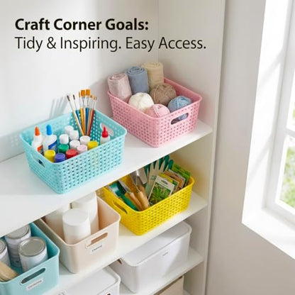 Colorful Small Plastic Storage Woven Baskets, 6 Pack Versatile Shelf Organizer Weave Baskets for Classrooms, Children's Rooms & Pantries, Pink/Yellow/Blue-10x7.5x4 inch