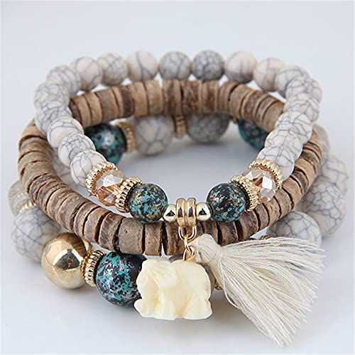Bohemian Stackable Wood Wooden Beads Elephant Charm Tassel Stretchy Bracelet Set for Women Men Multilayered Multicolor Acrylic Resin Seeds Bracelet Ethnic Jewelry Gift - color: A elephant