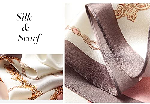 100% Mulberry Silk Long Scarf for Women Large Shawls for Headscarf and Neck- Oblong Hair Wraps with Gift Packed - color: Chains-pink&gray
