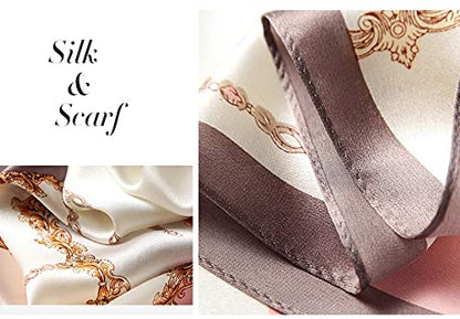 100% Mulberry Silk Long Scarf for Women Large Shawls for Headscarf and Neck- Oblong Hair Wraps with Gift Packed - color: Chains-pink&gray