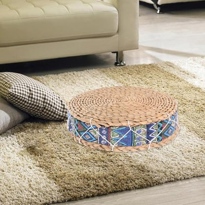 Meditation Sitting Cushion Straw Woven Floor Pillow 30cm Diameter 7cm Height Blue Natural Corn Husk Round Seat Pad for Yoga Room and Balcony