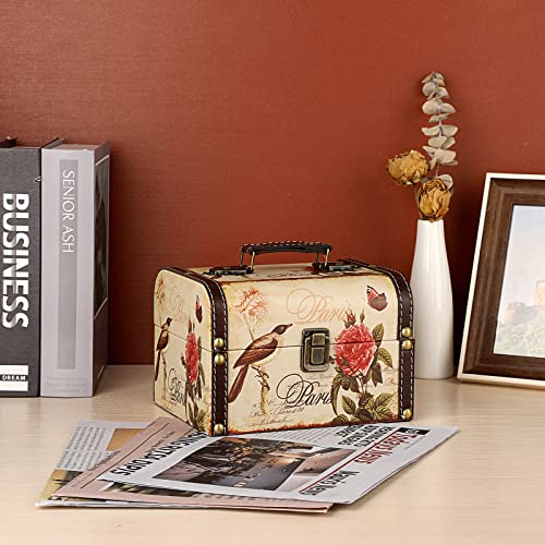 Decorative Treasure Chest Box, Wooden + PU Leather Storage Box for Jewelry Trinkets, Keepsakes box for Girls Women Gifts (Bird + Flower Pattern)