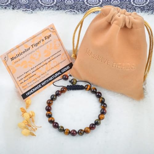 MASSIVE BEADS Handmade Yoga Natural Stone Crystal Healing Power Energy Gifts for Unisex Adult Bracelet Macrame Adjustable - color: 3-Tiger's Eye (Vitality and Abundance), size: 8mm